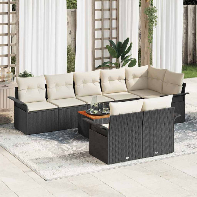 Havesofa Sæt med pude 9 pcs Sort polyrattan