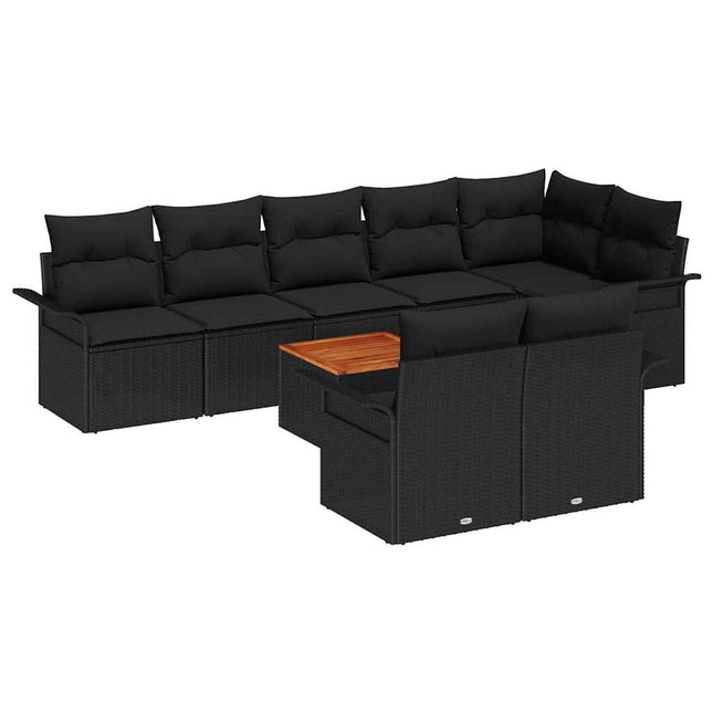 Havesofa Sæt med pude 9 pcs Sort polyrattan