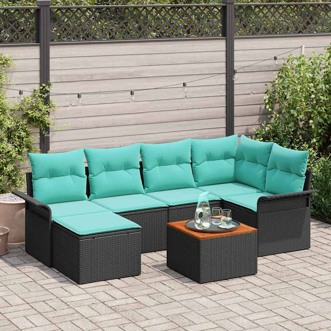 Havesofa Sæt med pude 7 pcs Sort polyrattan