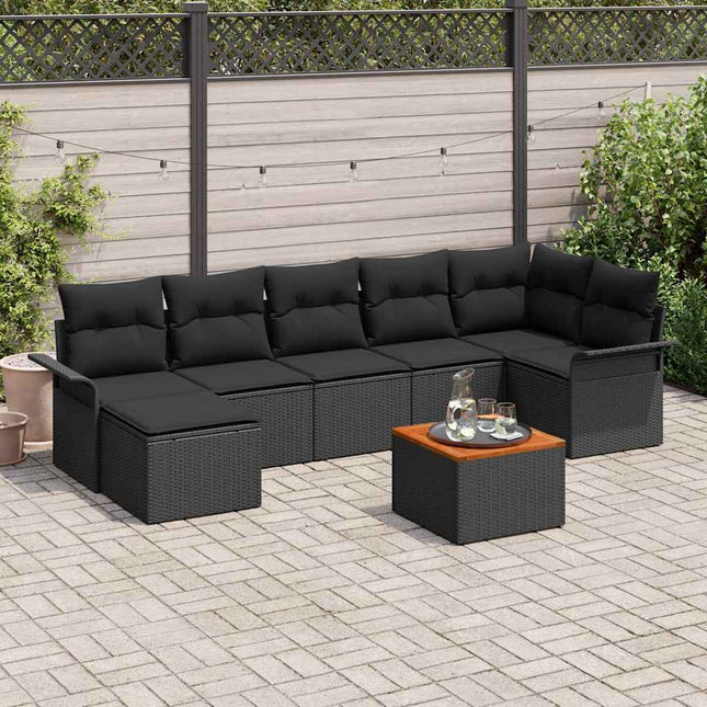 Havesofa Sæt med pude 8 pcs Sort polyrattan