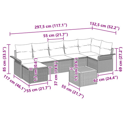 Havesofa Sæt med pude 8 pcs Sort polyrattan