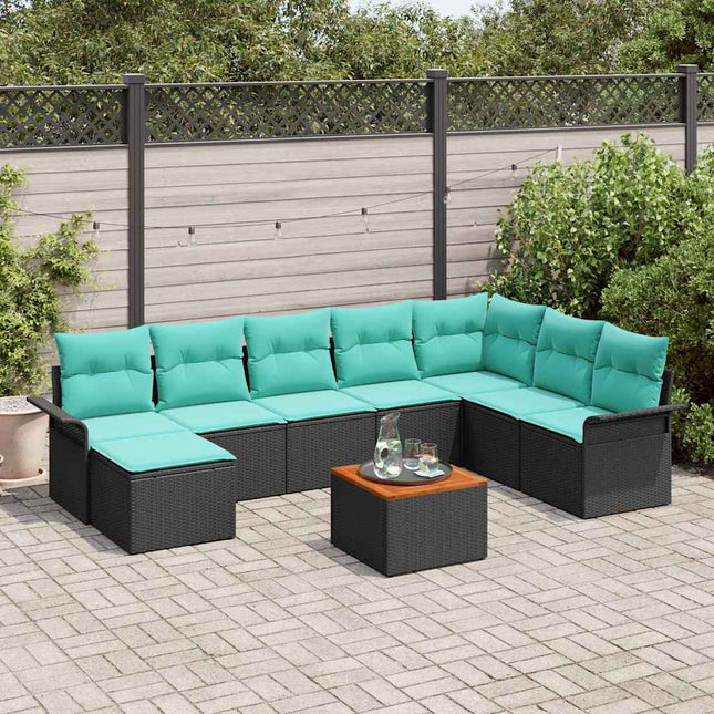 Havesofa Sæt med pude 9 pcs Sort polyrattan