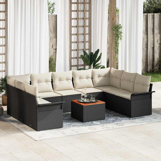 Havesofa Sæt med pude 10 pcs Sort polyrattan