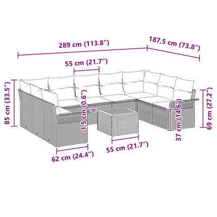 Havesofa Sæt med pude 10 pcs Grå polyrattan