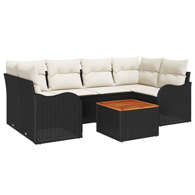Havesofa Sæt med pude 7 pcs Sort polyrattan
