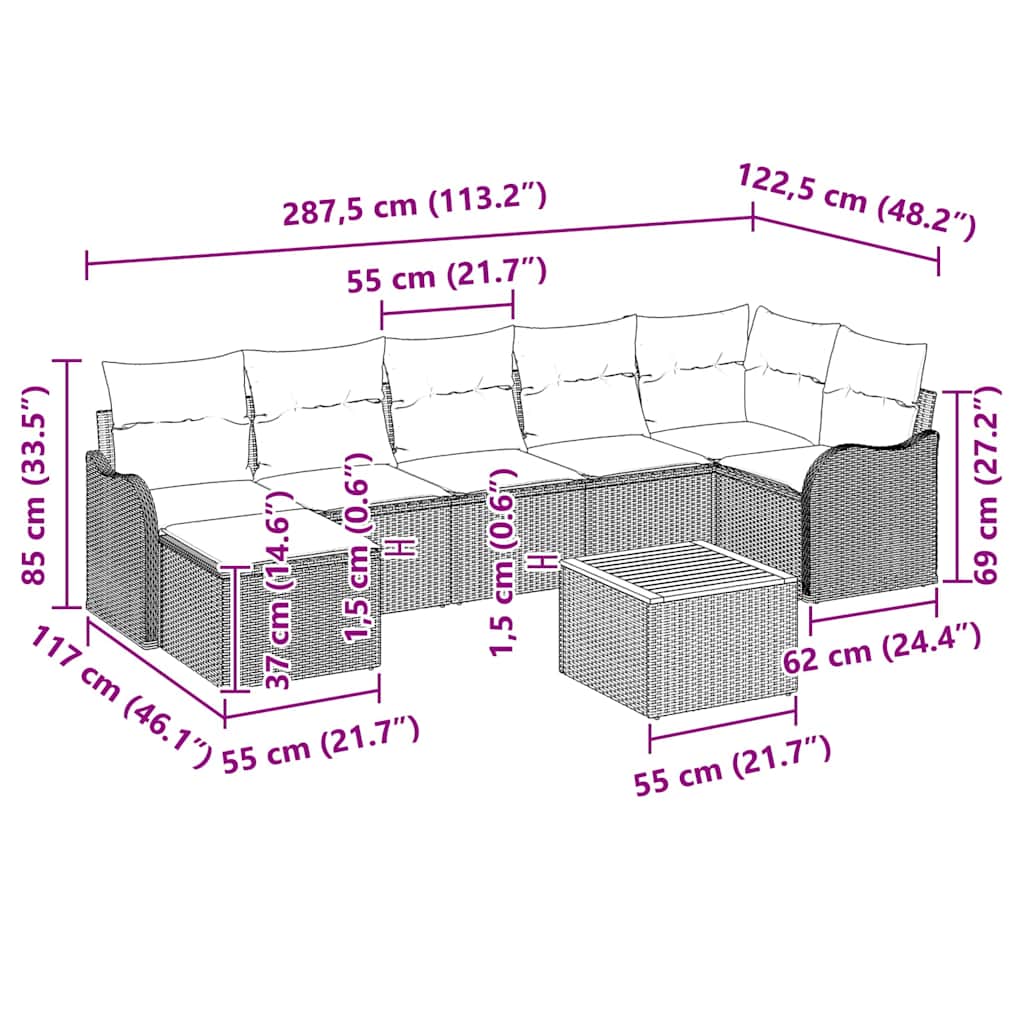 Havesofa Sæt med pude 8 pcs Beige polyrattan