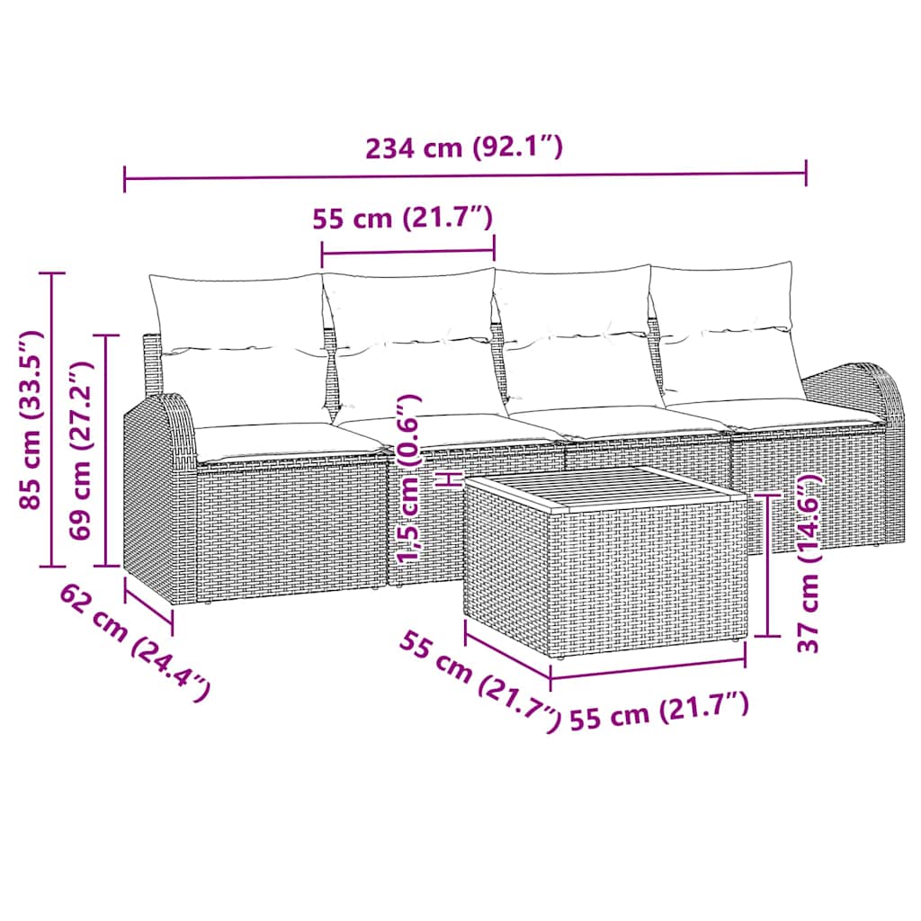 Havesofa Sæt med pude 5 pcs Beige polyrattan