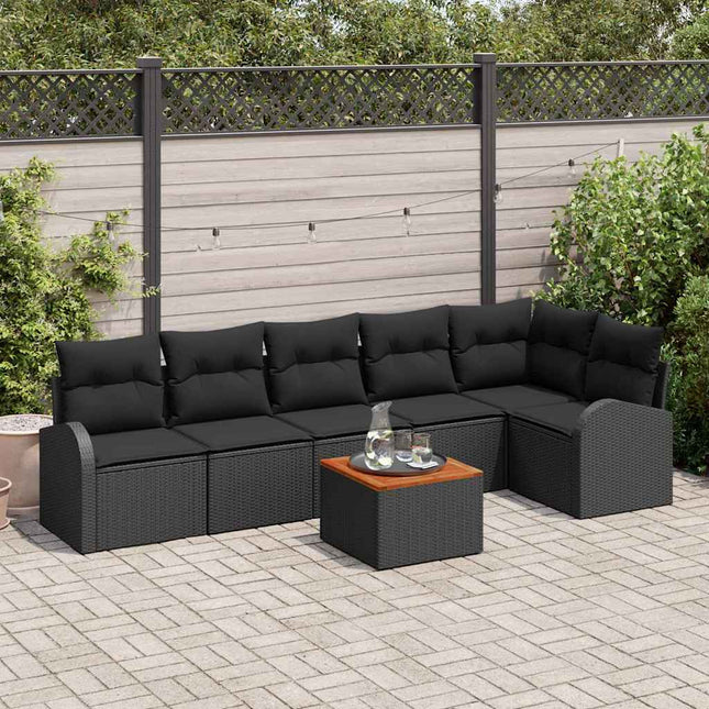 Havesofa Sæt med pude 7 pcs Sort polyrattan