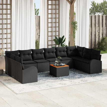 Havesofa Sæt med pude 11 pcs Sort polyrattan