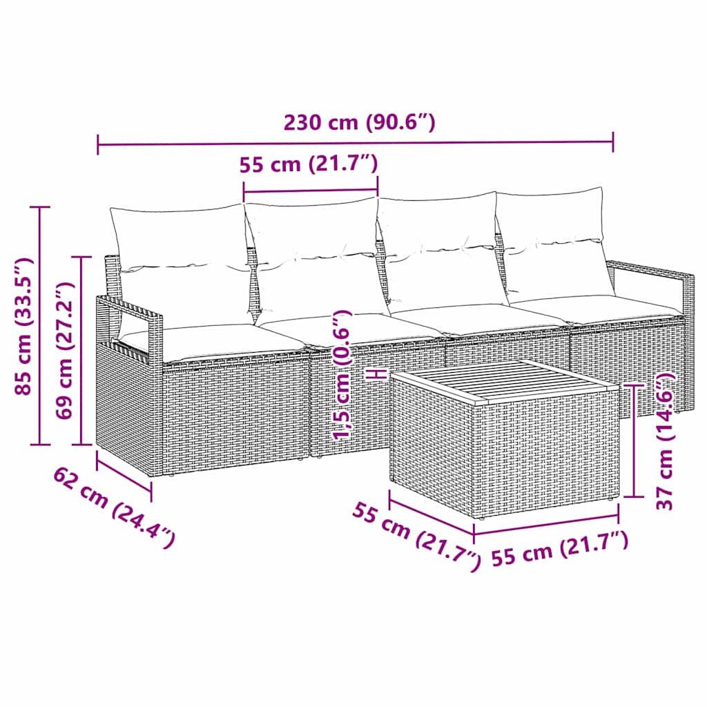 Havesofa Sæt med pude 5 pcs Grå polyrattan