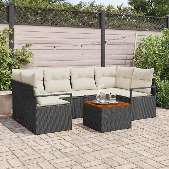 Havesofa Sæt med pude 7 pcs Sort polyrattan