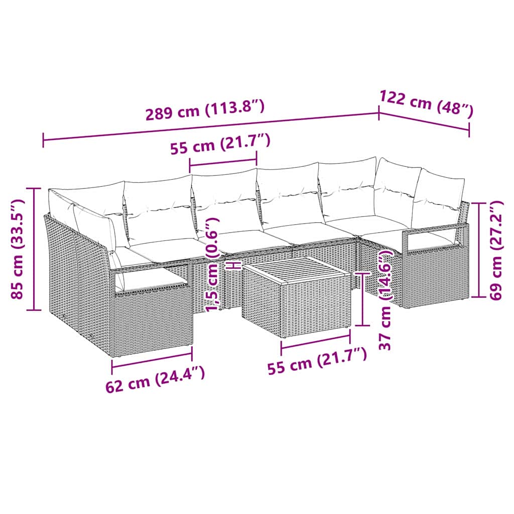 Havesofa Sæt med pude 8 pcs Beige polyrattan