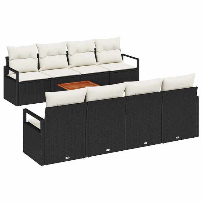 Havesofa Sæt med pude 9 pcs Sort polyrattan