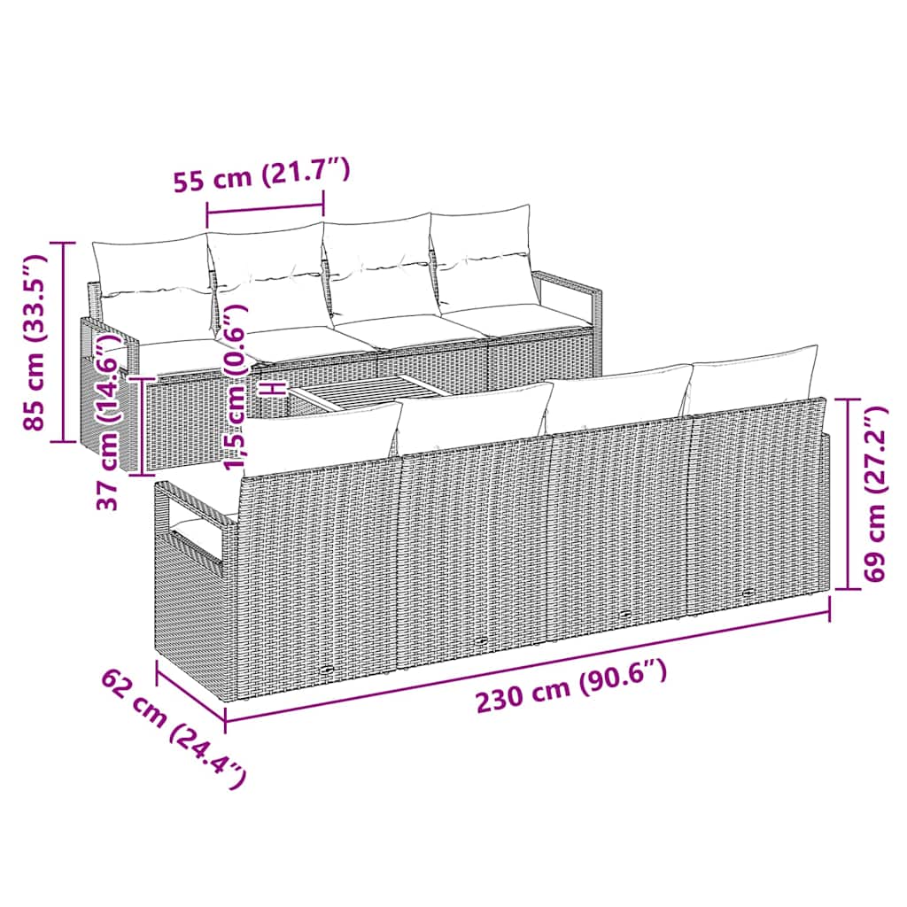 Havesofa Sæt med pude 9 pcs Grå polyrattan