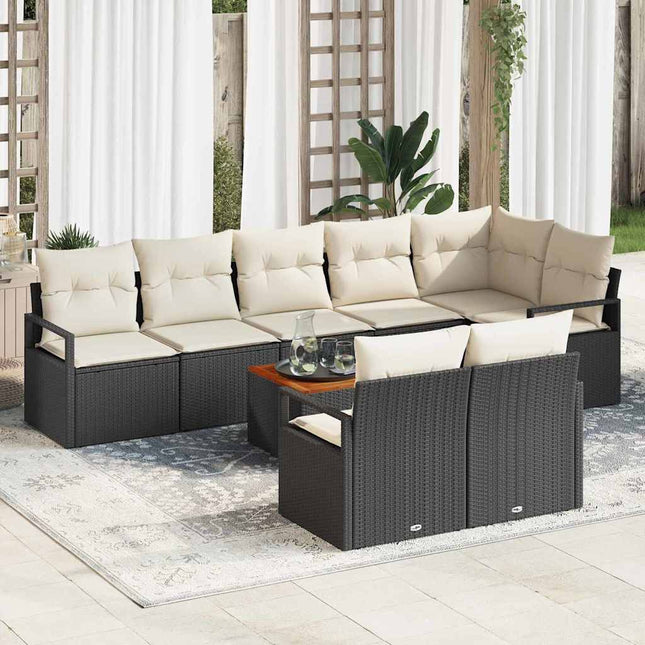 Havesofa Sæt med pude 9 pcs Sort polyrattan