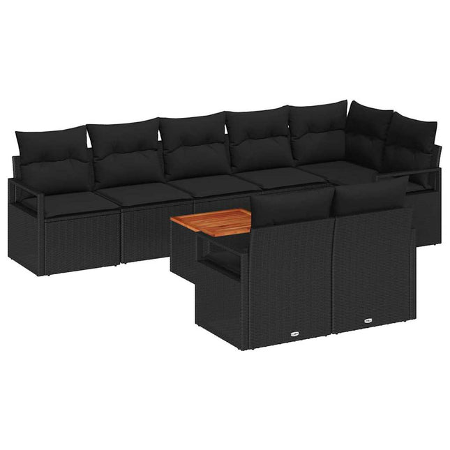 Havesofa Sæt med pude 9 pcs Sort polyrattan