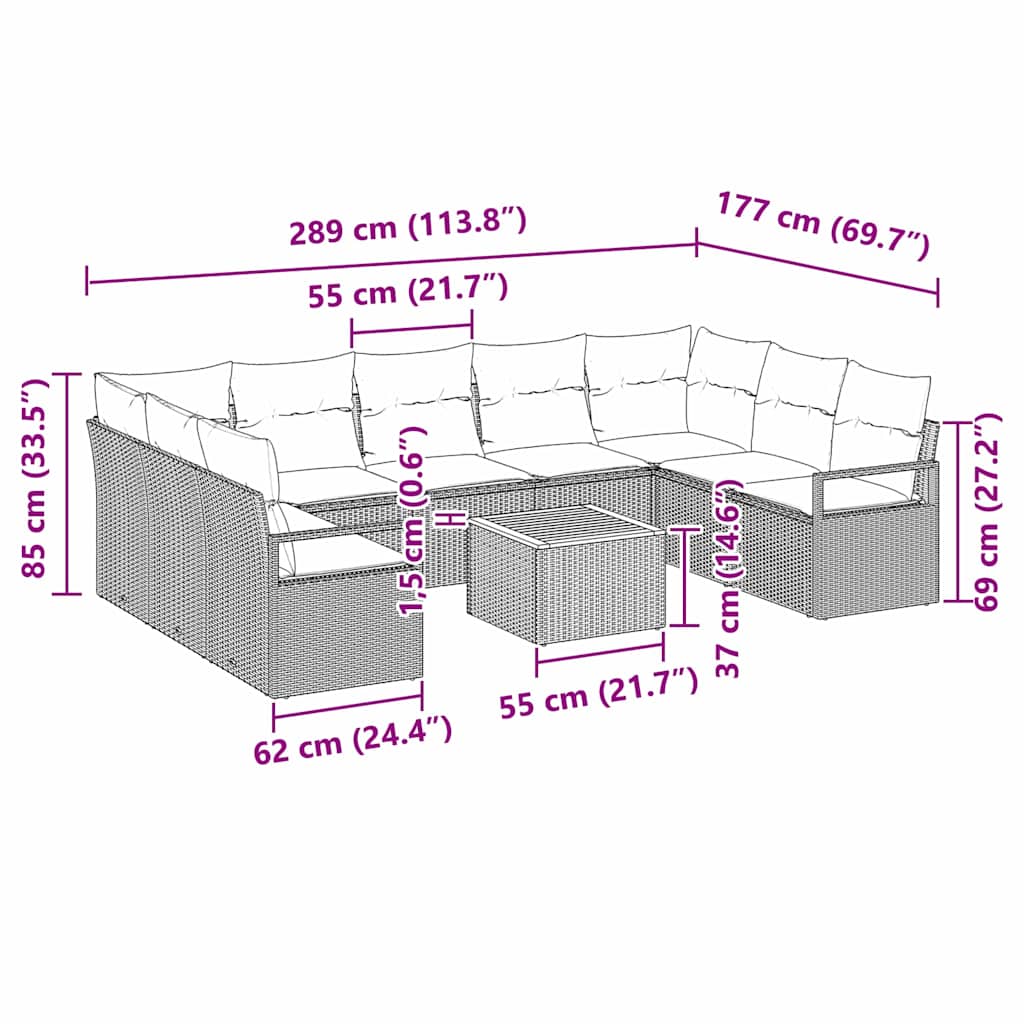 Havesofa Sæt med pude 10 pcs Beige polyrattan
