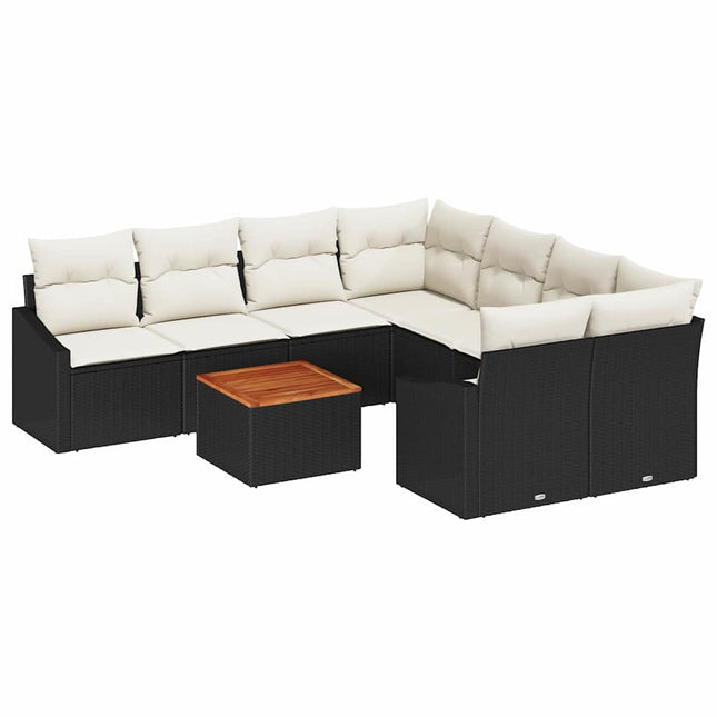 Havesofa Sæt med pude 9 pcs Sort polyrattan