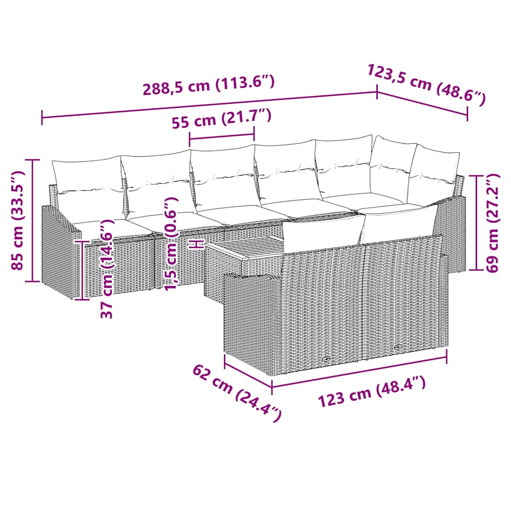 Havesofa Sæt med pude 9 pcs Grå polyrattan
