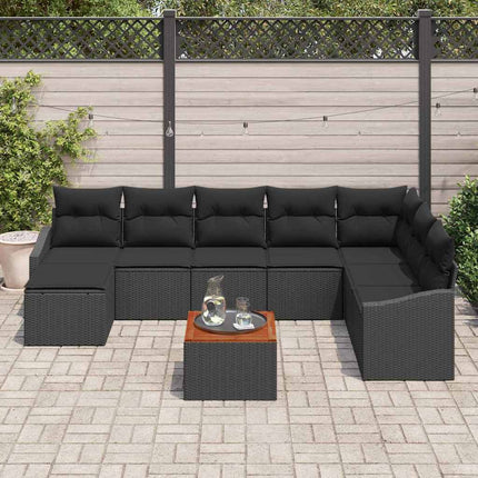 Havesofa Sæt med pude 9 pcs Sort polyrattan