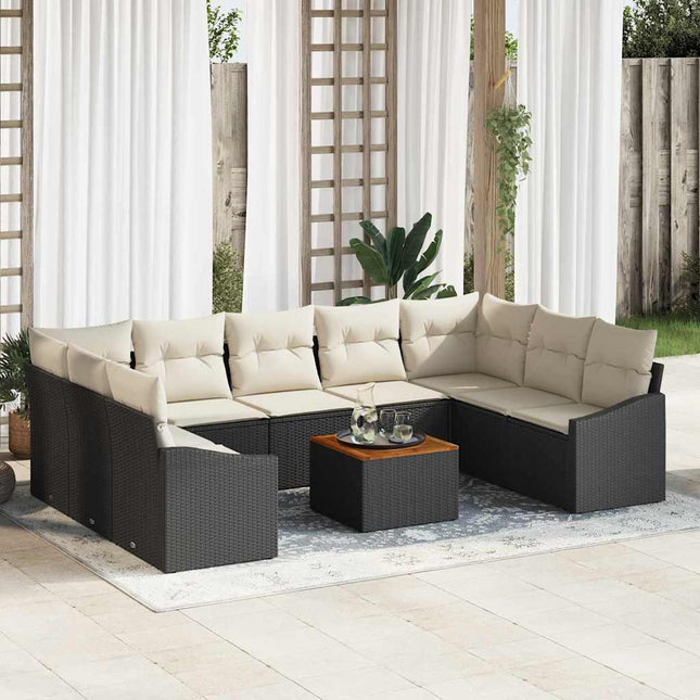 Havesofa Sæt med pude 10 pcs Sort polyrattan