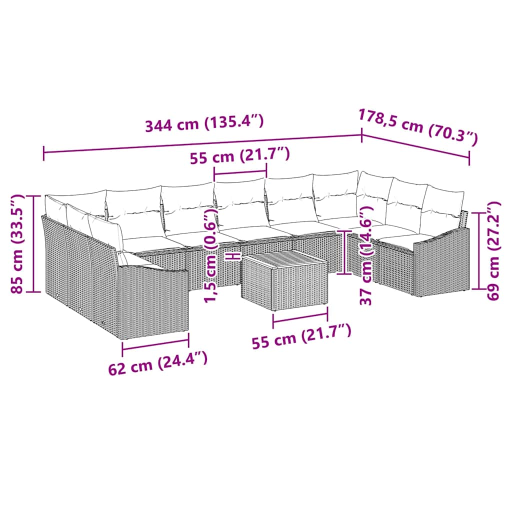 Havesofa Sæt med pude 11 pcs Beige polyrattan
