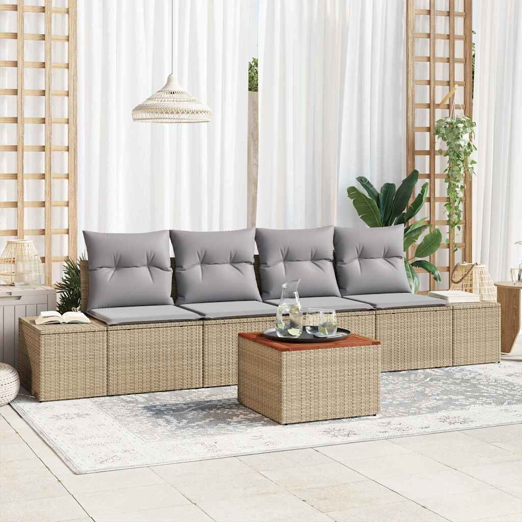 Havesofa Sæt med pude 5 pcs Beige polyrattan
