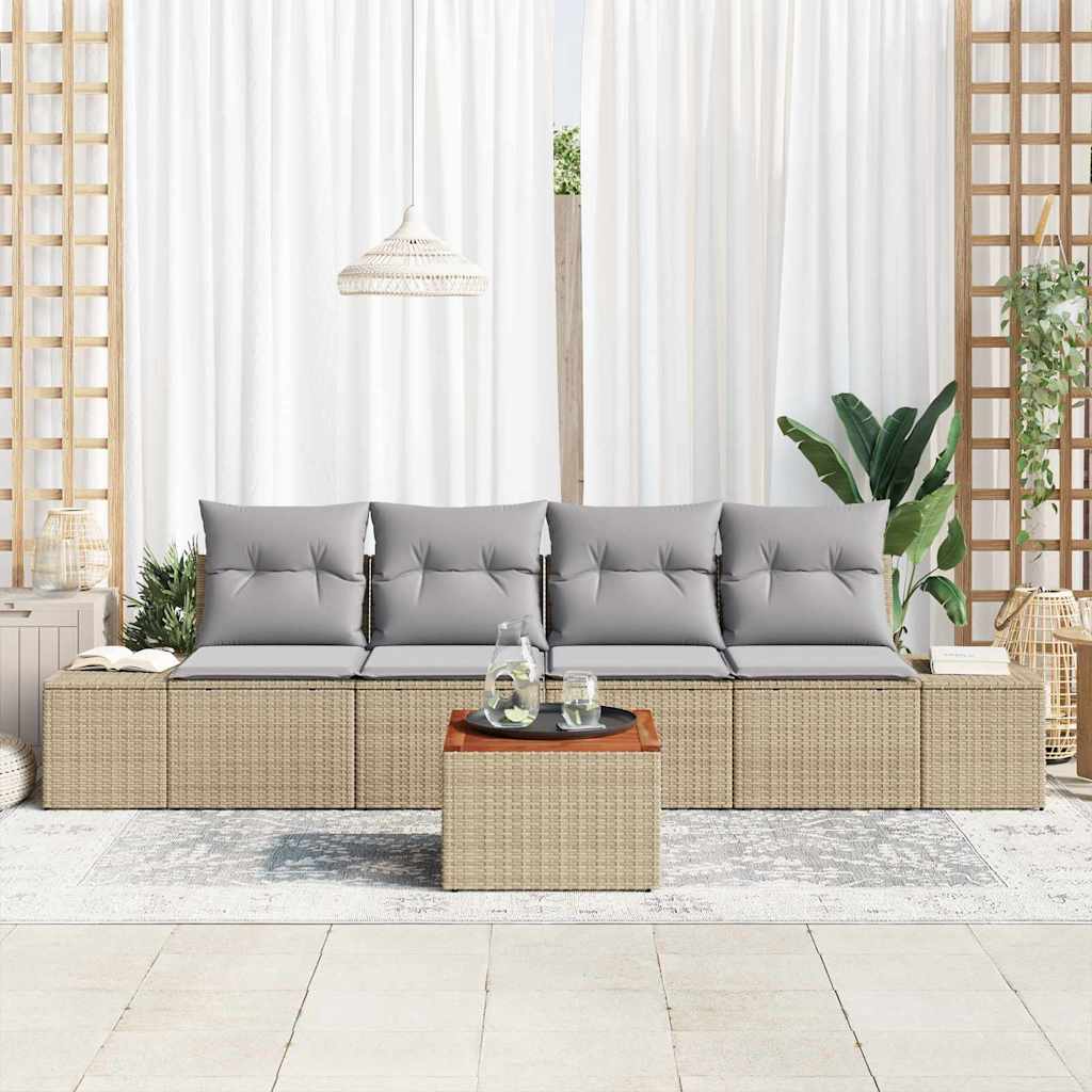 Havesofa Sæt med pude 5 pcs Beige polyrattan