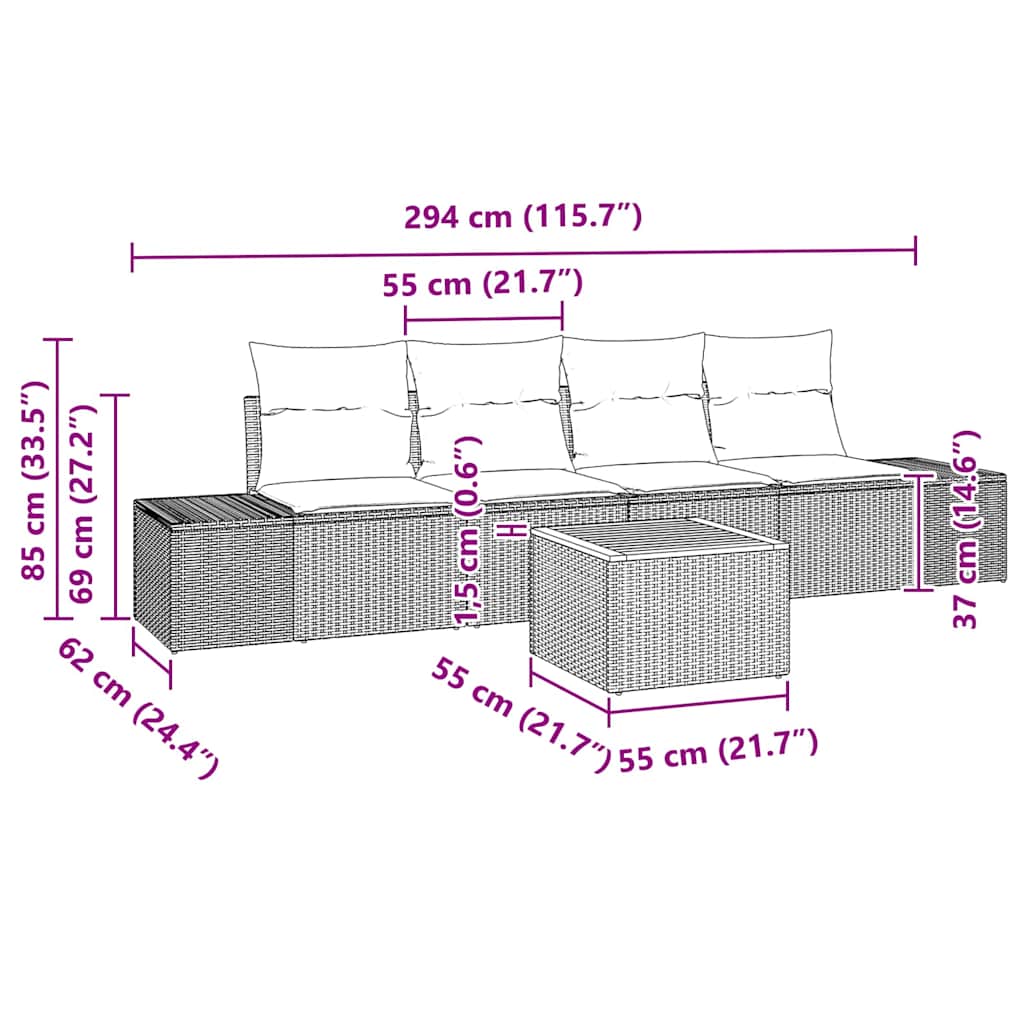Havesofa Sæt med pude 5 pcs Beige polyrattan