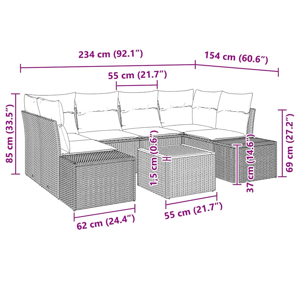 Havesofa Sæt med pude 7 pcs Grå polyrattan