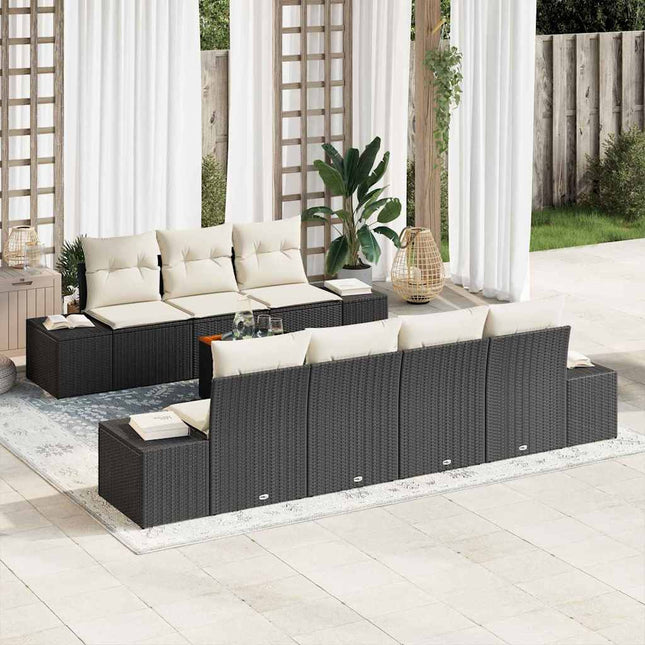 Havesofa Sæt med pude 8 pcs Sort polyrattan