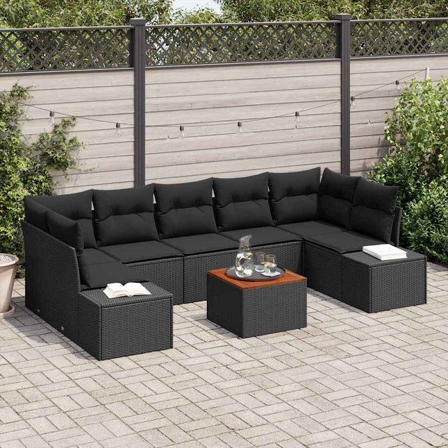 Havesofa Sæt med pude 8 pcs Sort polyrattan