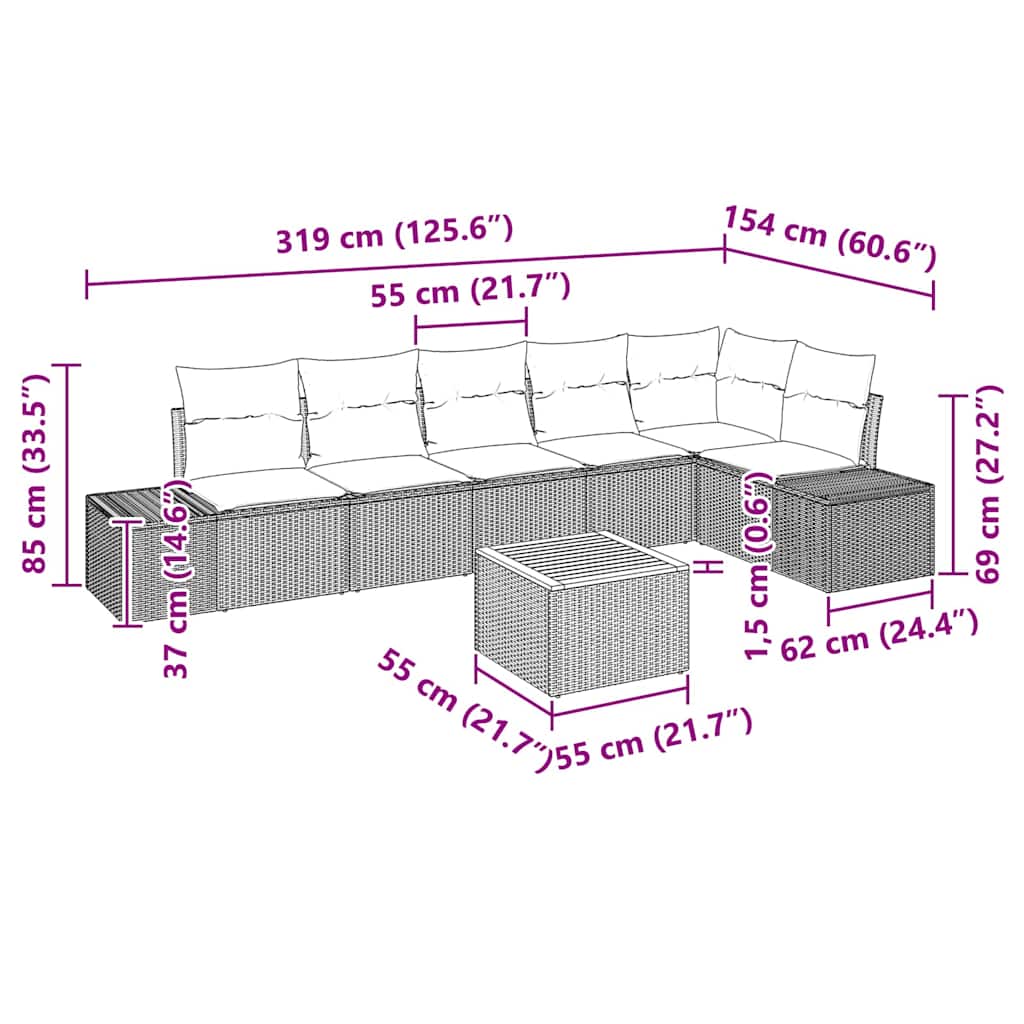 Havesofa Sæt med pude 7 pcs Grå polyrattan