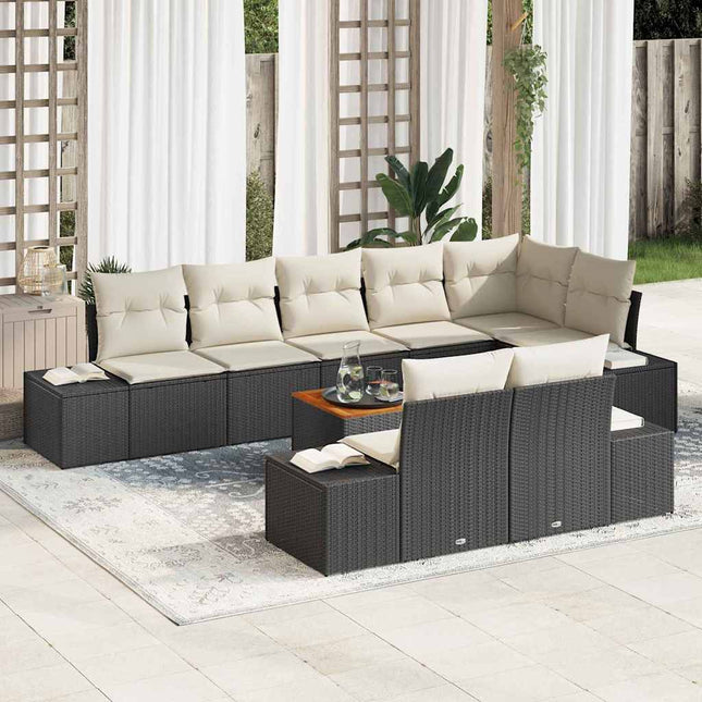Havesofa Sæt med pude 9 pcs Sort polyrattan