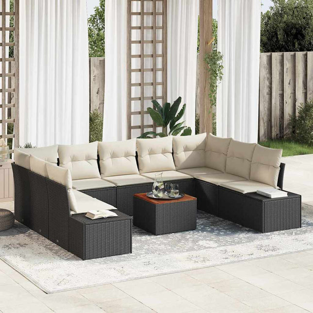 Havesofa Sæt med pude 10 pcs Sort polyrattan