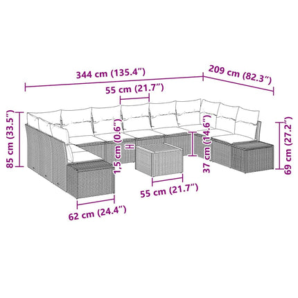Havesofa Sæt med pude 11 pcs Sort polyrattan