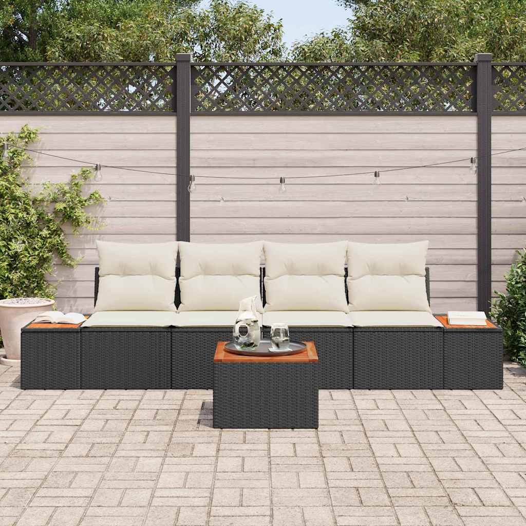 Havesofa Sæt med pude 5 pcs Sort Poly rattan