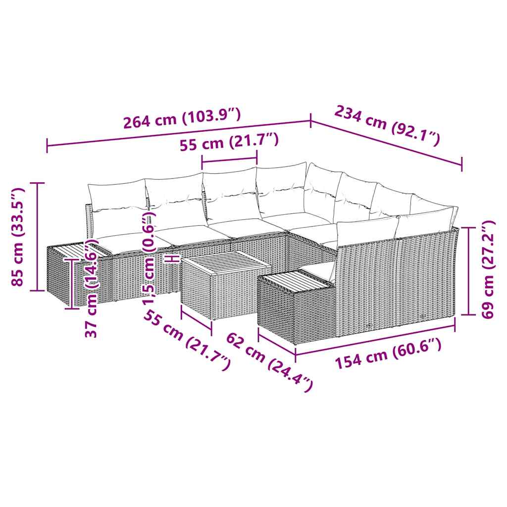 Havesofa Sæt med pude 9 pcs Beige Poly rattan