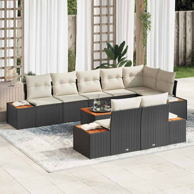 Havesofa Sæt med pude 9 pcs Sort Poly rattan