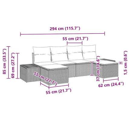 Havesofa Sæt med pude 6 pcs Sort polyrattan