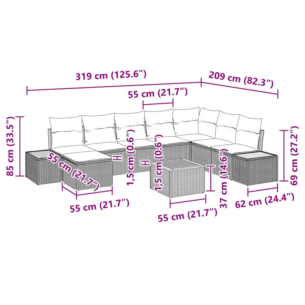 Havesofa Sæt med pude 9 pcs Grå Poly rattan