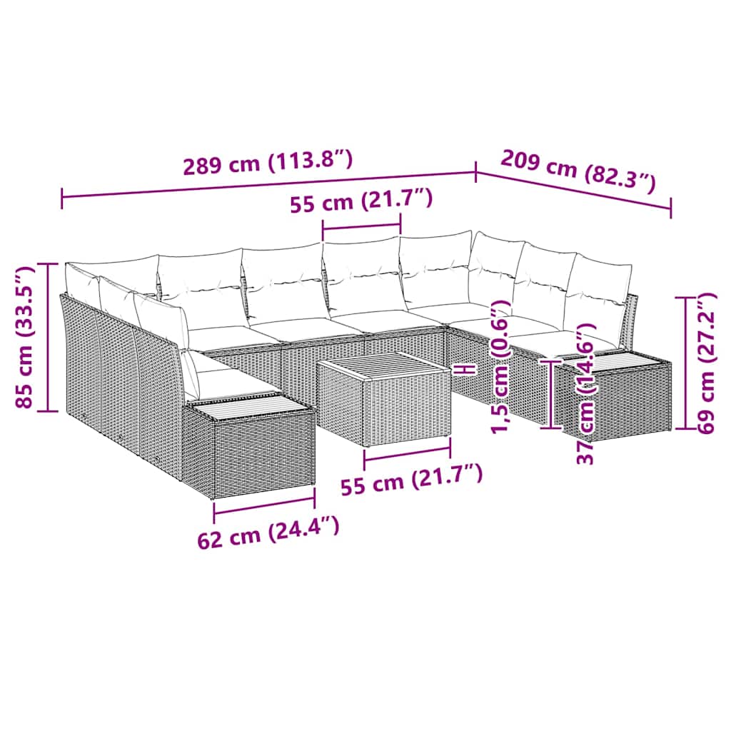 Havesofa Sæt med pude 10 pcs Beige Poly rattan