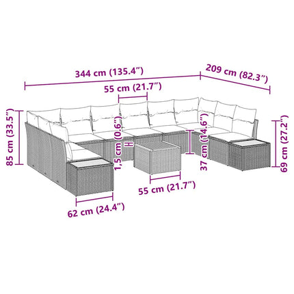 Havesofa Sæt med pude 11 pcs Grå Poly rattan