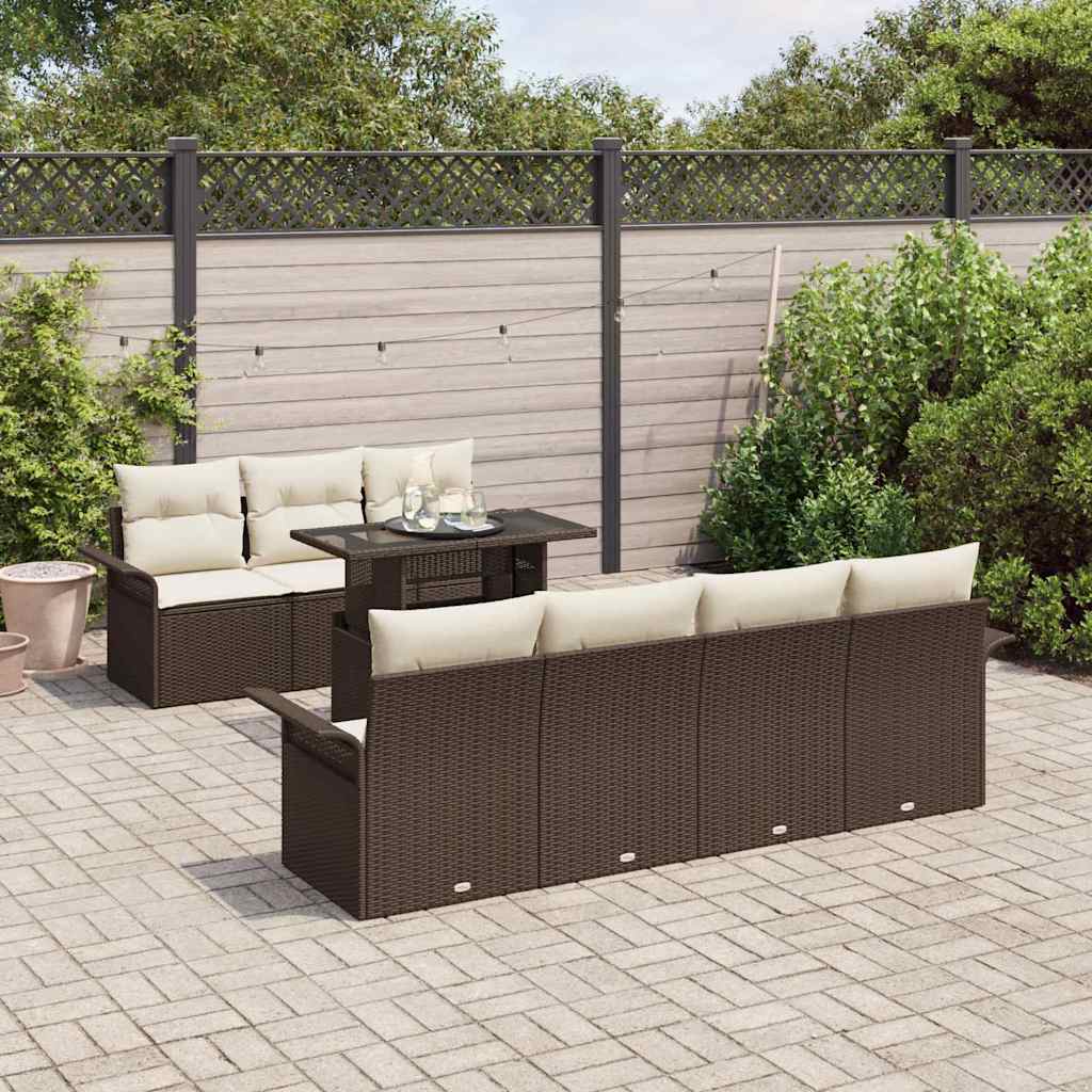 Havesofa Sæt med pude 8 pcs Brun polyrattan