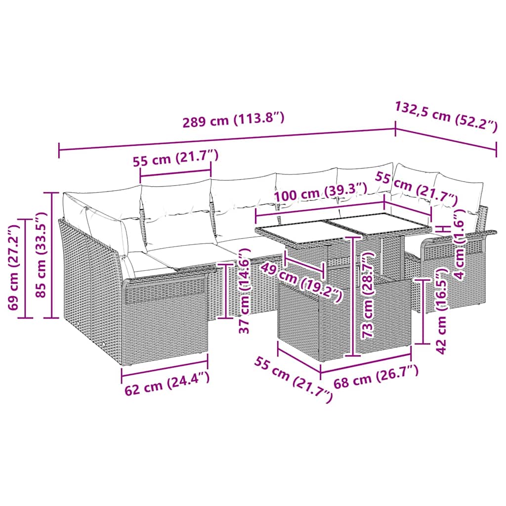 Havesofa Sæt med pude 8 pcs Lysegrå polyrattan
