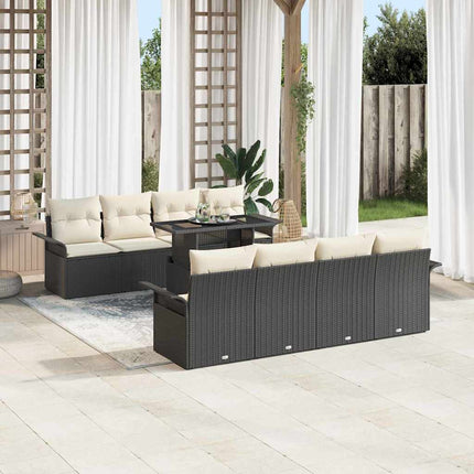 Havesofa Sæt med pude 9 pcs Sort Poly rattan