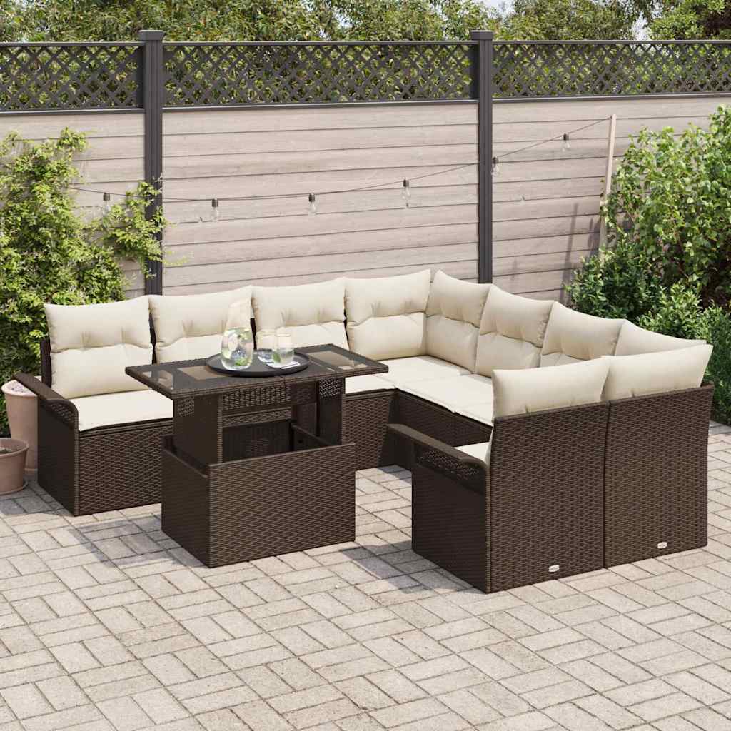 Havesofa Sæt med pude 9 pcs Brun Poly rattan