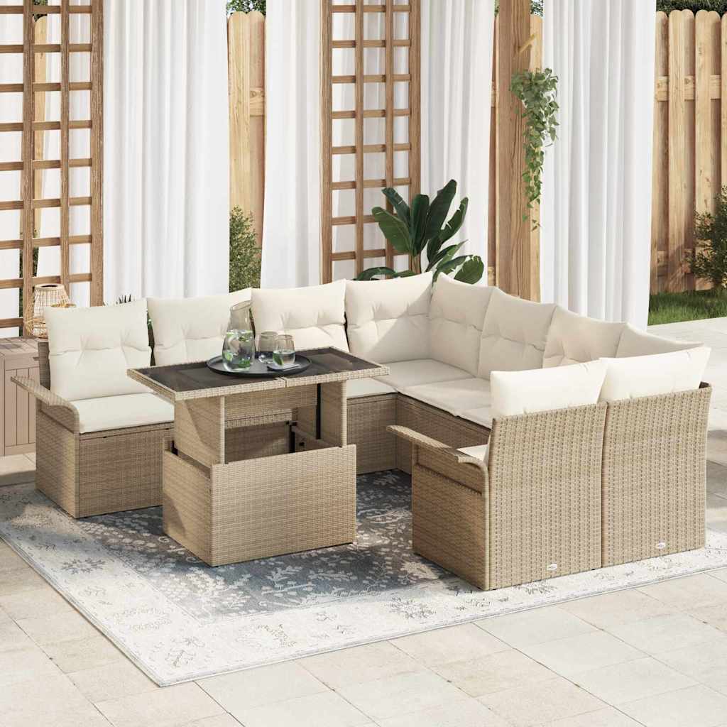 Havesofa Sæt med pude 9 pcs Beige Poly rattan