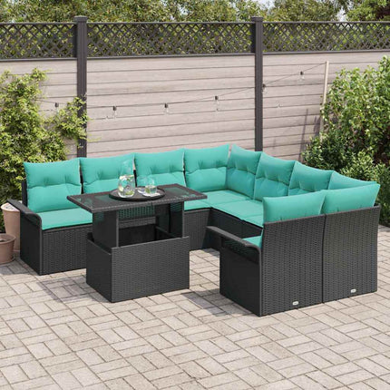 Havesofa Sæt med pude 9 pcs Sort Poly rattan