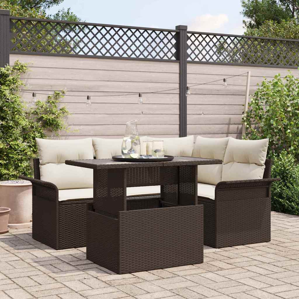 Havesofa Sæt med pude 5 pcs Brun Poly rattan